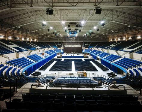 Fully equipped sound system with two clusters of speakers. . Hampton coliseum seating view